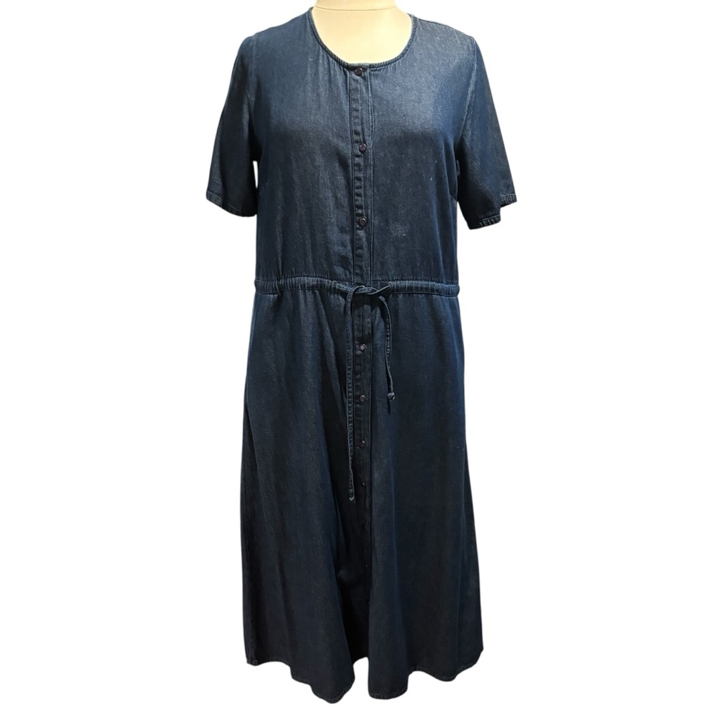 National Denim‎ Midi Dress Womens Large Blue Cotton Button Front Drawstring #742